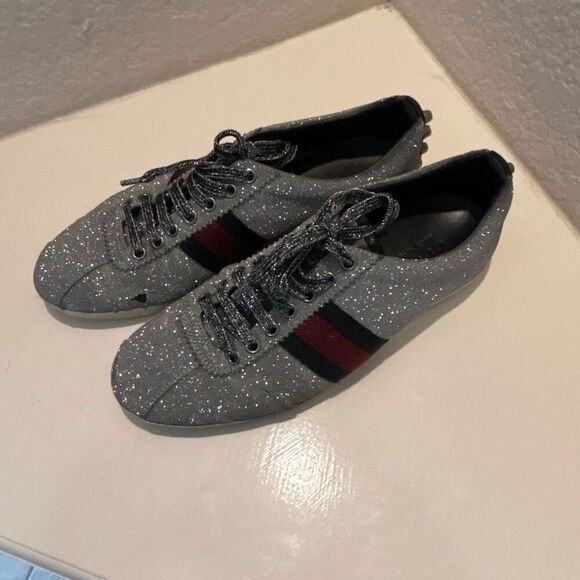 Gucci Women's 9.5 Bambi Webb Metallic Sneakers Silver Blue Red Icon Stripe Disco - Picture 16 of 16